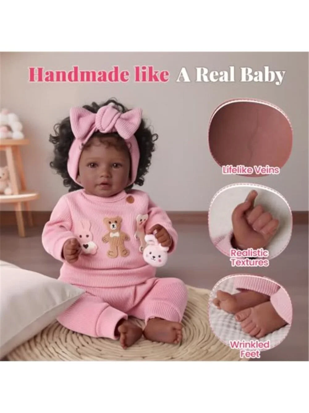 20 Inch Black Reborn Baby Girl Doll Hand Rooted Hair Rattles Complete Gift Set